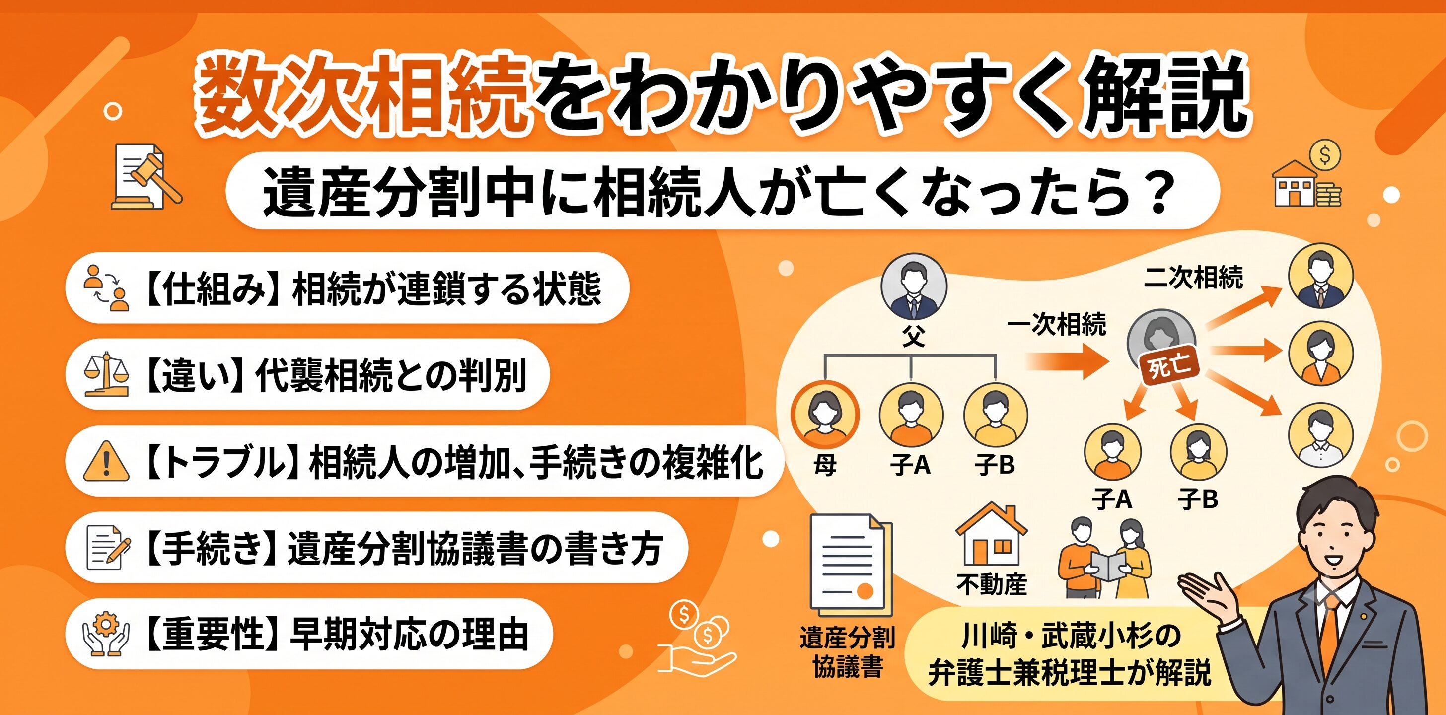 数次相続とは?遺産分割の途中で相続人が亡くなった場合の手続きと注意点を弁護士兼税理士が解説